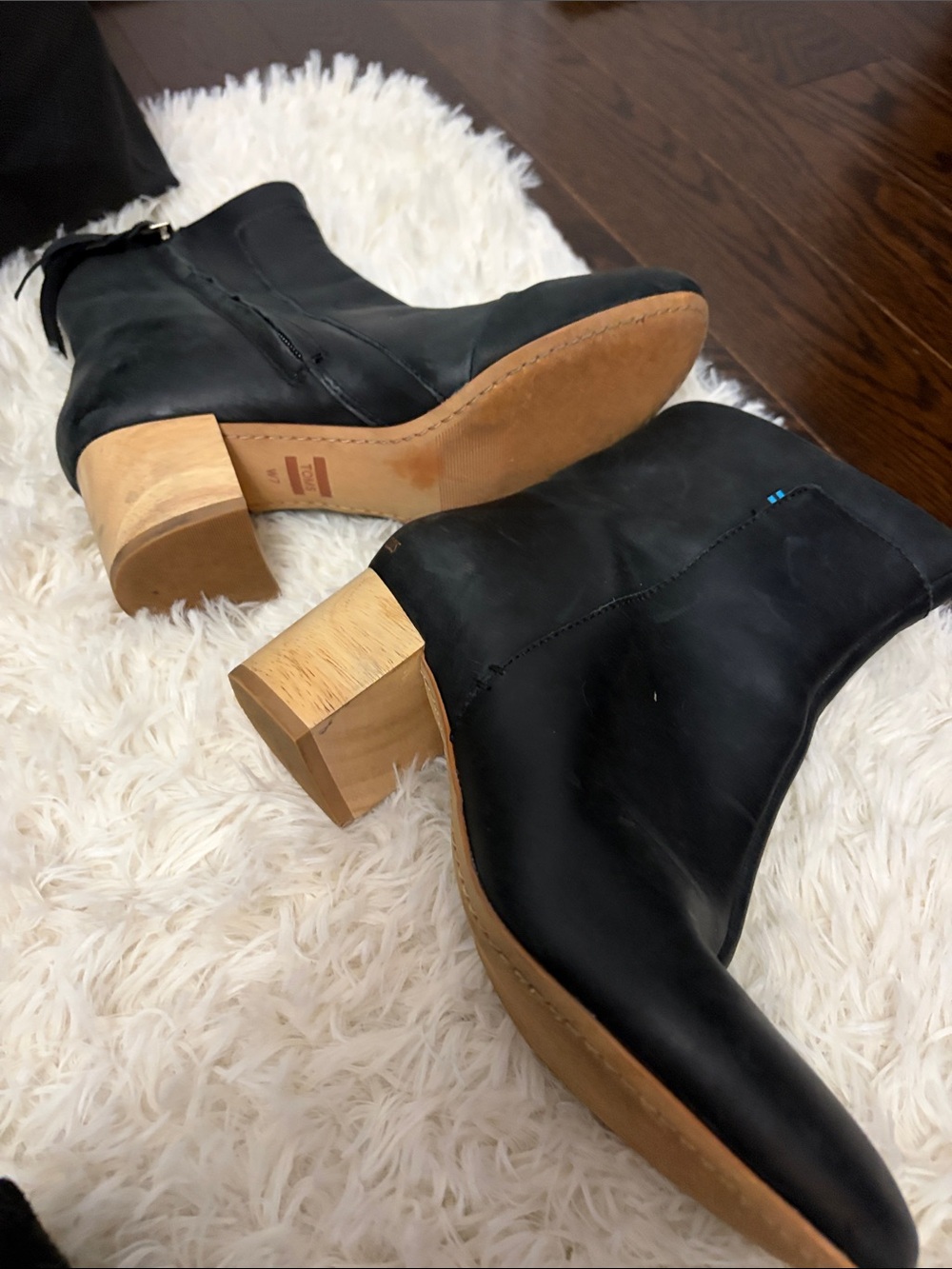 Tom’s Black Leather Ankle Boots with Wood Block Heel - Women's